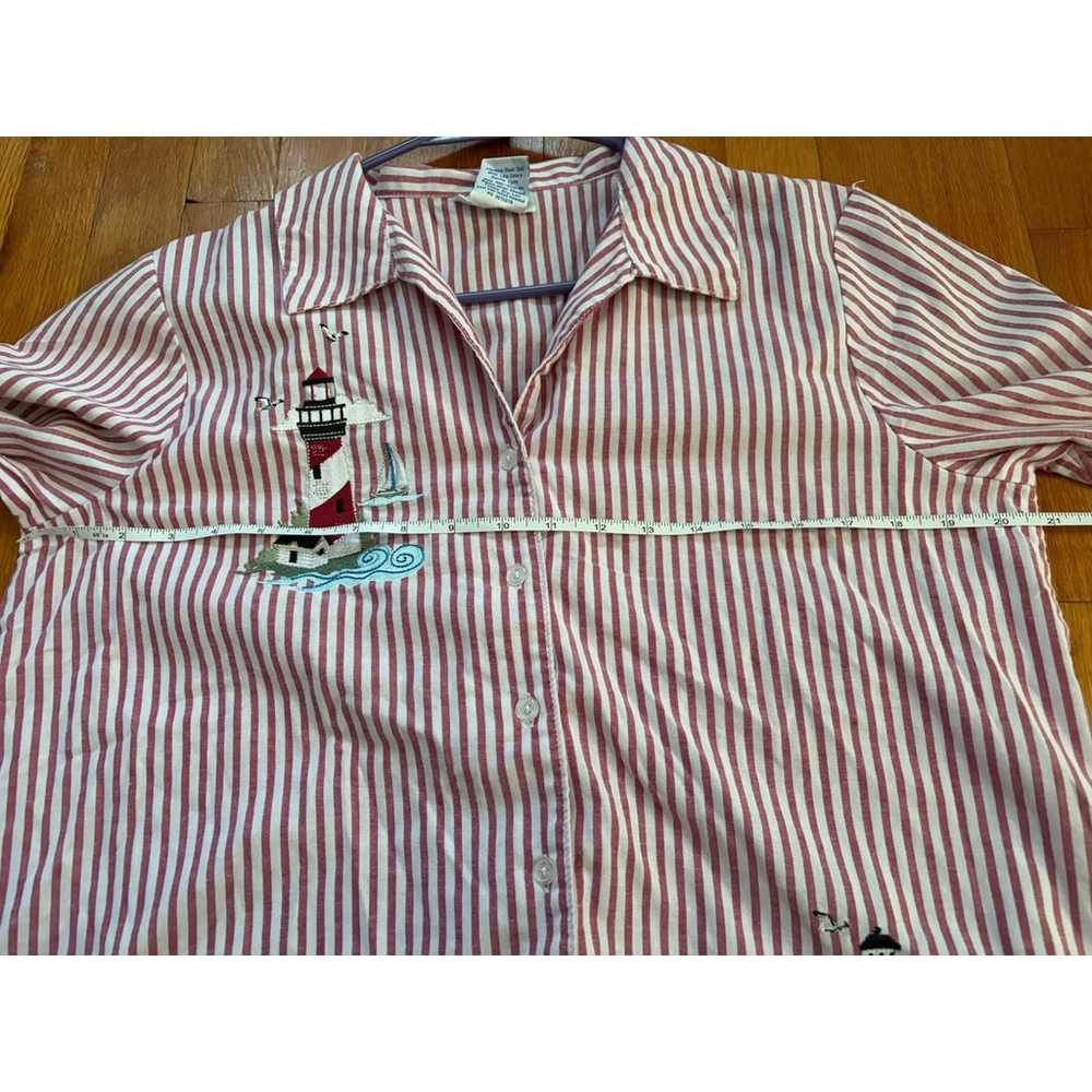 Vintage Coastal Grandma Embroidered Lighthouse Button Up Shirt Nautical Stripes - Picture 8 of 8